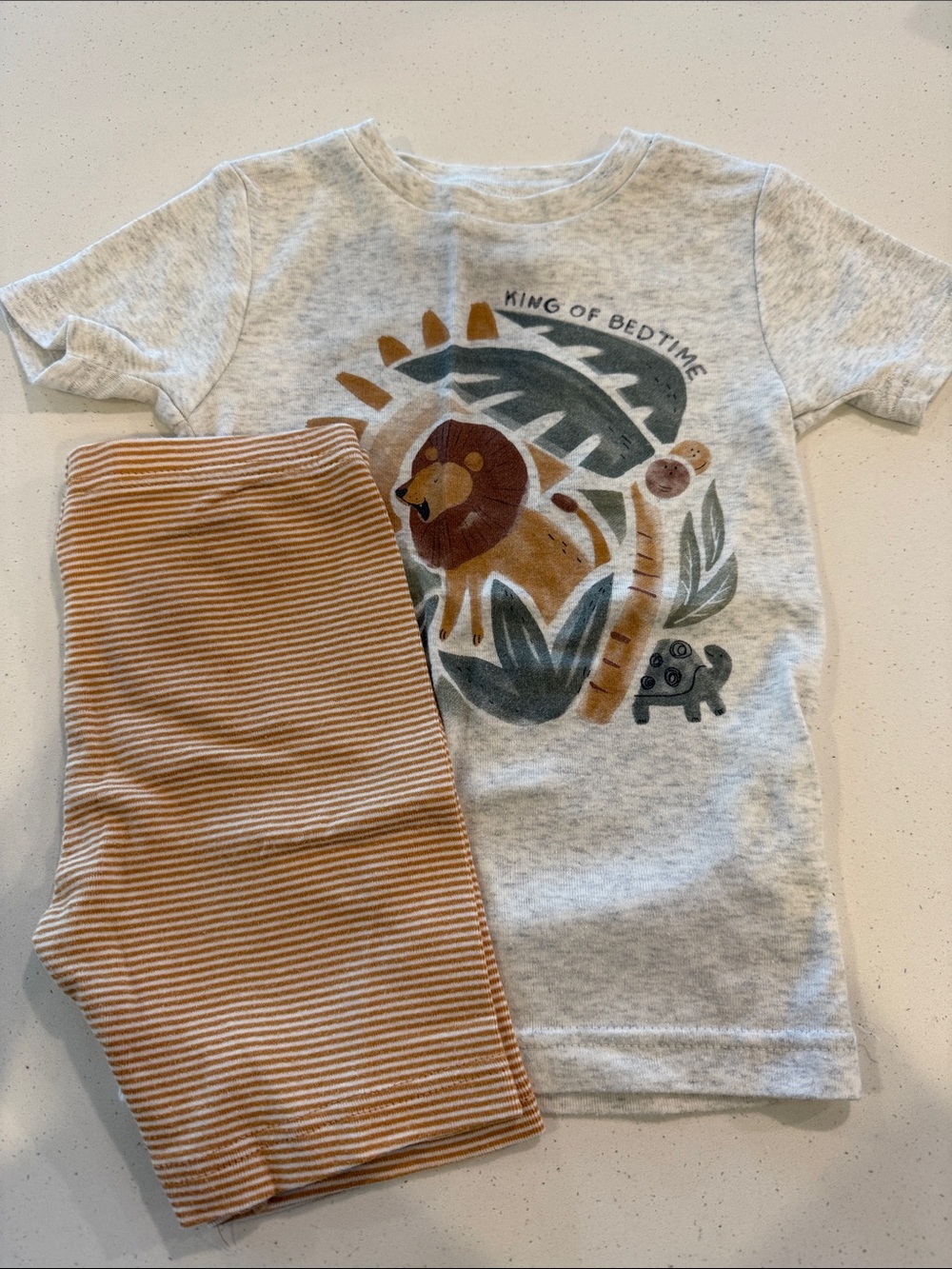 Carter's Gray Lion Print Short Sleeve Top with Tan Striped Pajama Pants